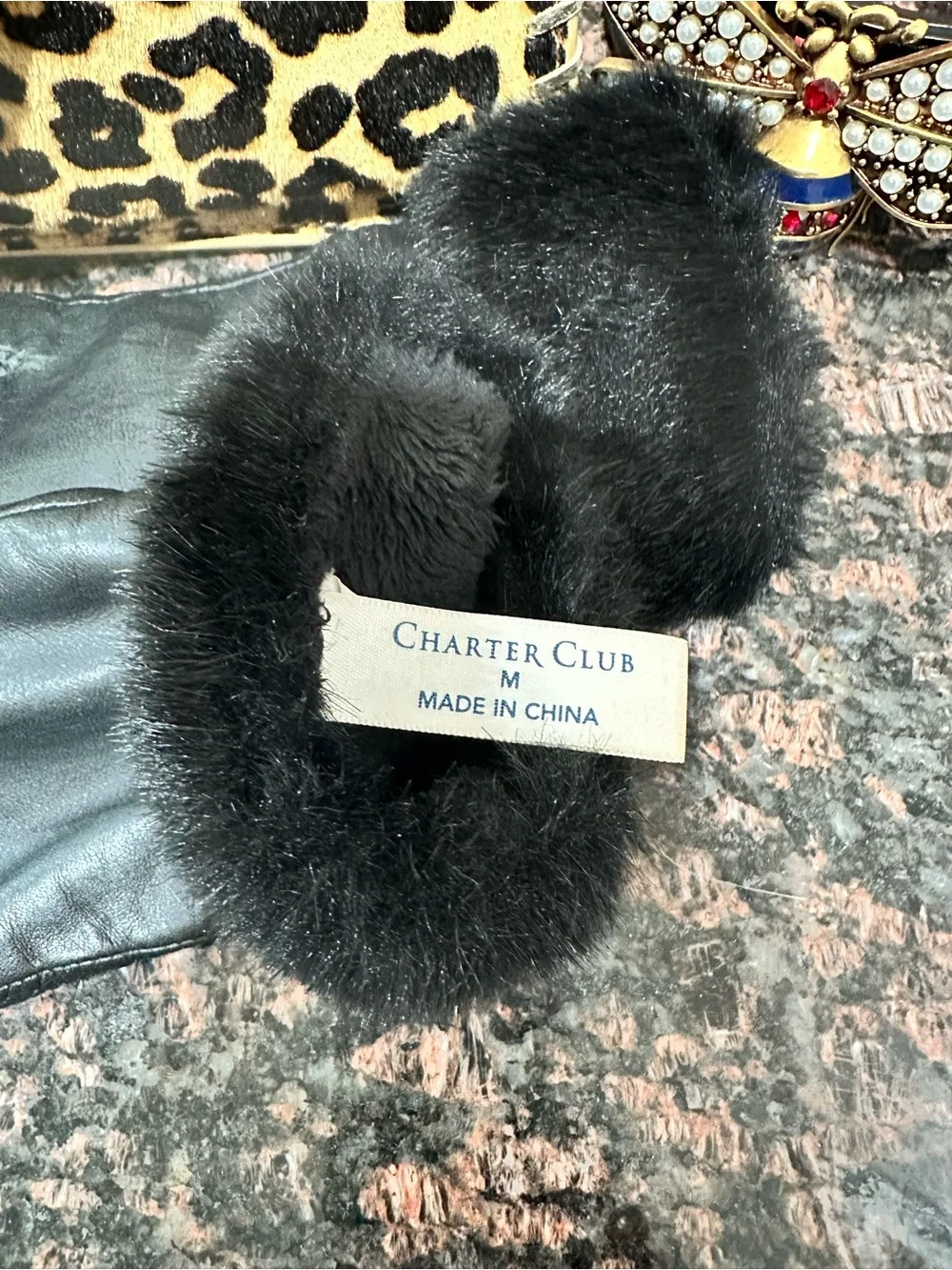 Charter Club Black Leather Gloves with Fur Trim